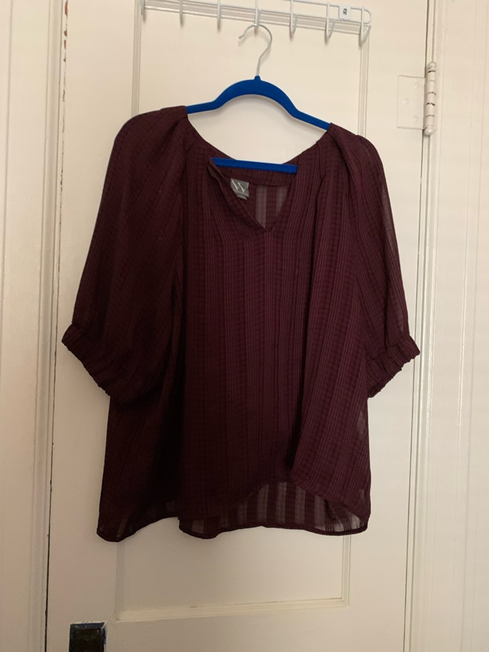 Worthington Burgundy Peasant Blouse - Sheer V-Neck Top